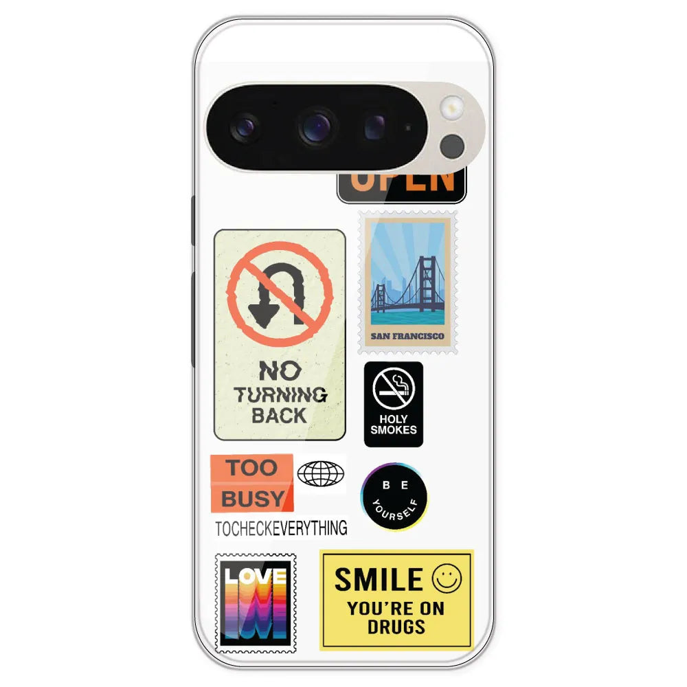 Retro Labels - Clear Printed Silicone Case For Google Pixel 9 Pro