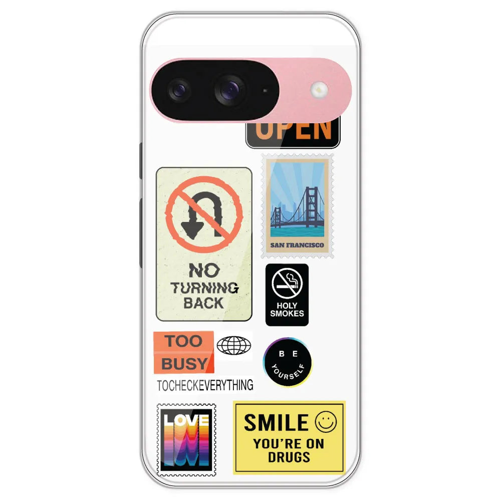 Retro Labels - Clear Printed Silicone Case For Google Pixel 9