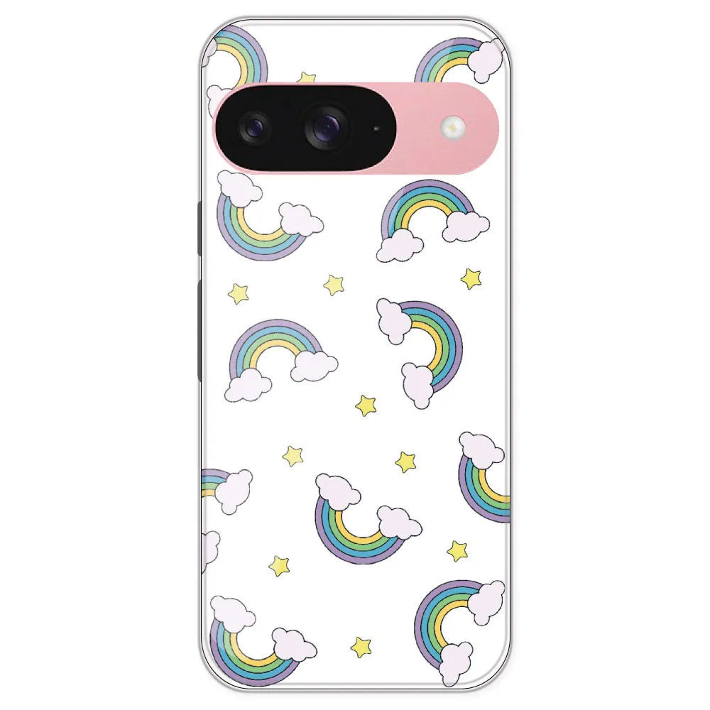 Rainbow With Clouds - Clear Printed Silicone Case For Google Pixel 9
