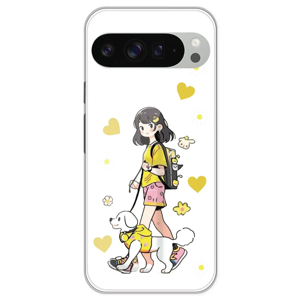 Yellow Girl And Dog - Clear Printed Silicone Case For Google Pixel 9 Pro XL