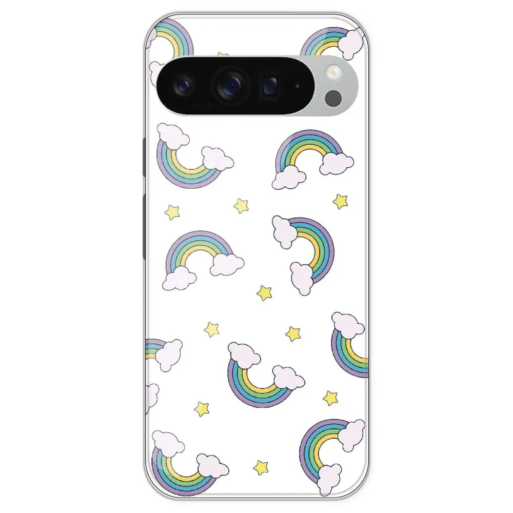 Rainbow With Clouds - Clear Printed Silicone Case For Google Pixel 9 Pro XL