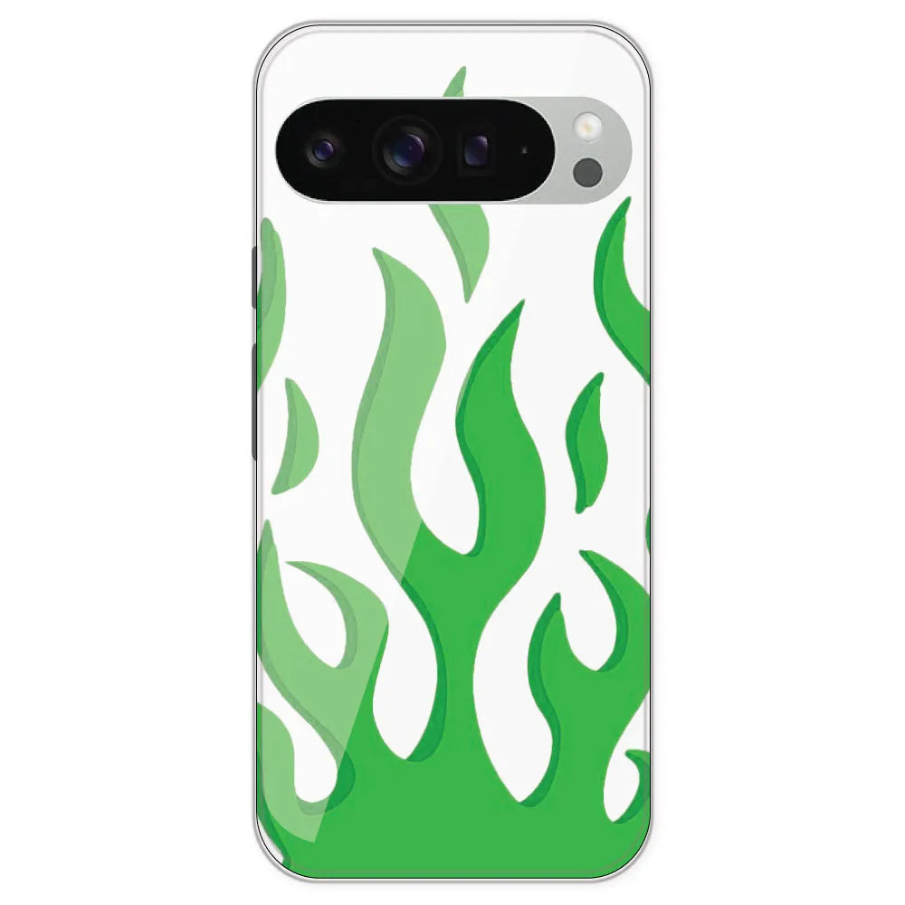 Green Flames - Clear Printed Silicone Case For Google Pixel 9 Pro XL