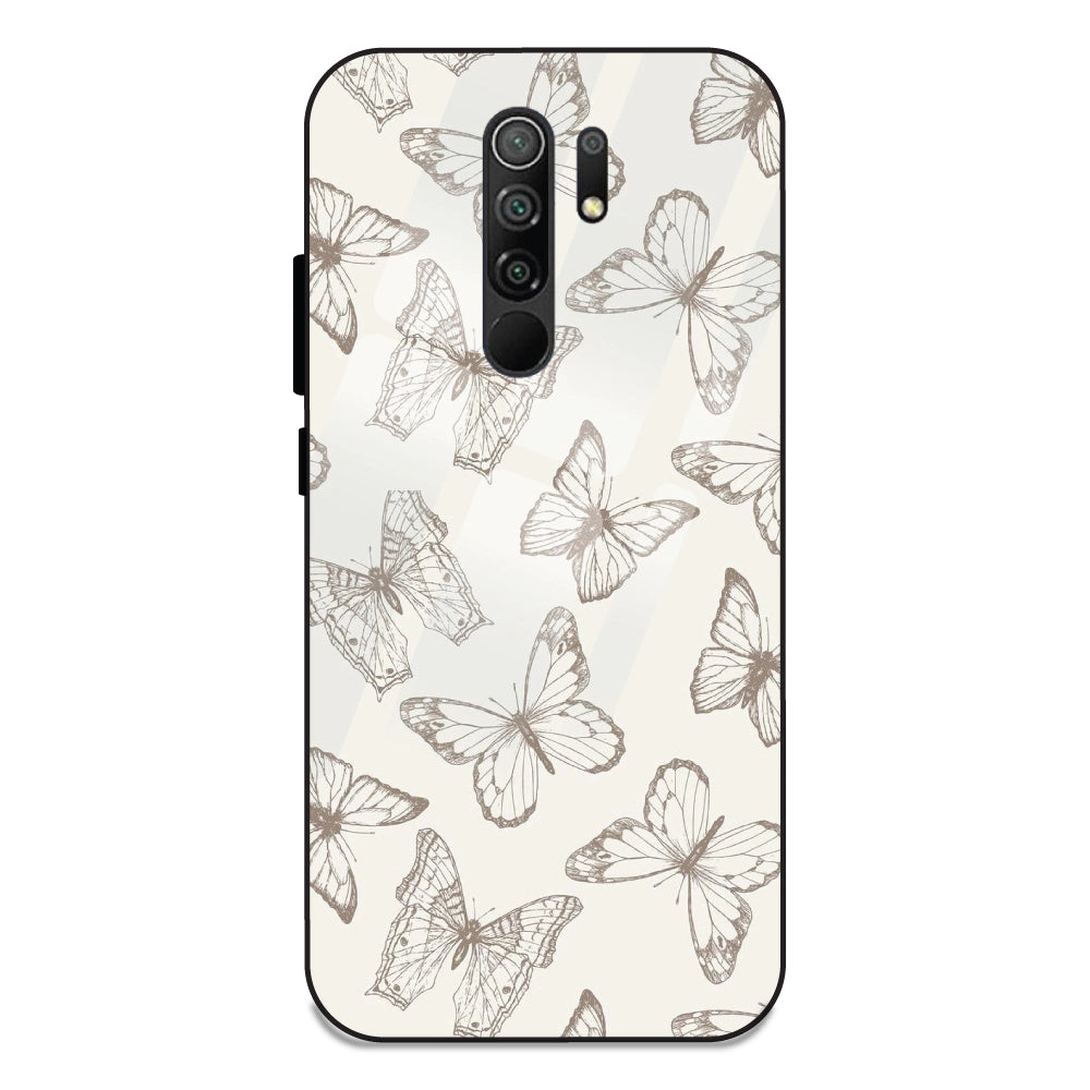 White Butterflies - Glass Case For Redmi 9 Prime