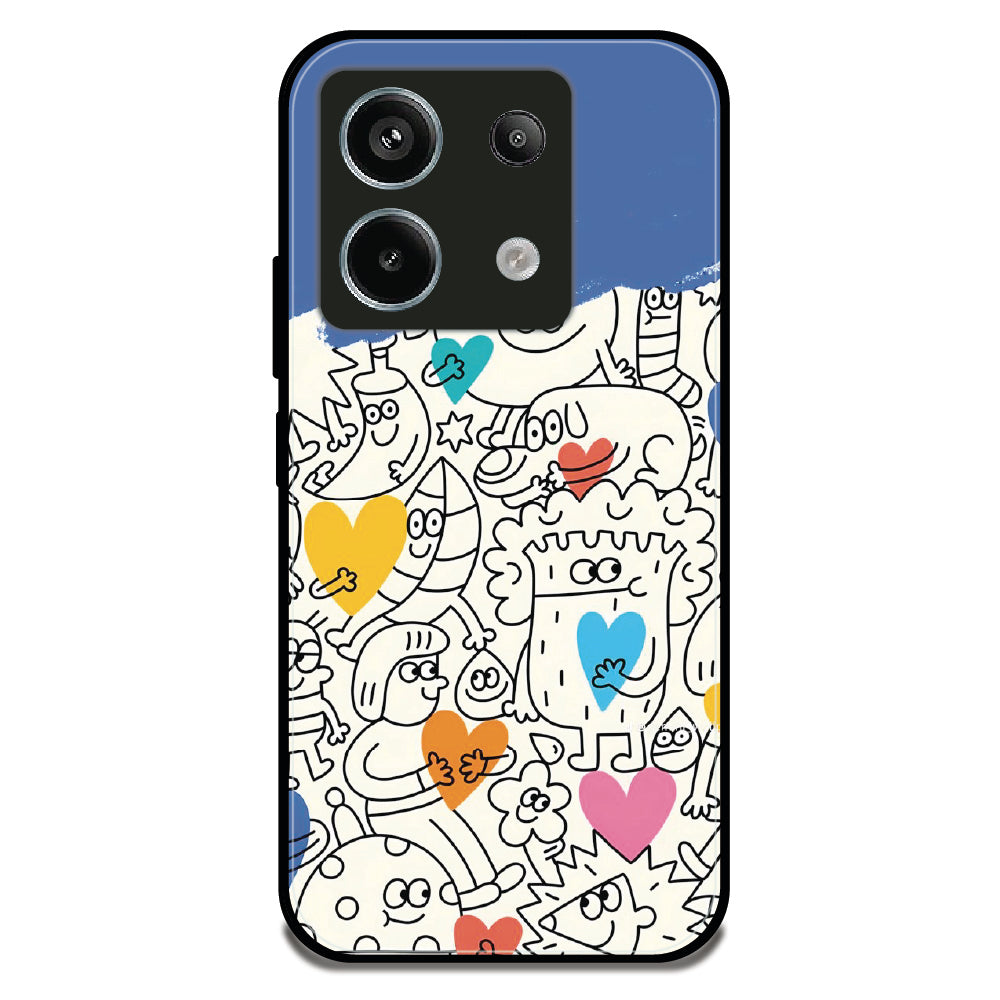 Doodle Monsters & Hearts - Glossy Metal Silicone Case For Redmi Models