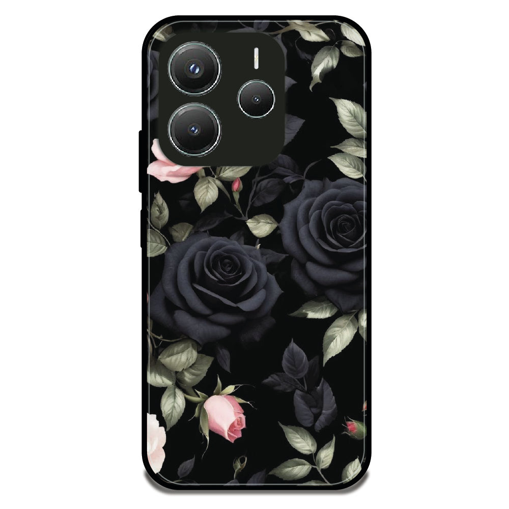 Black Roses Floral - Glossy Metal Silicone Case For Redmi Models