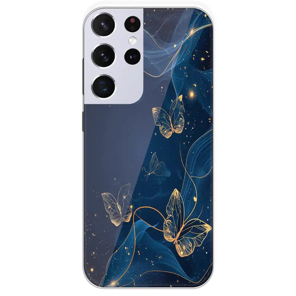 Blue With Gold Butterflies - Printed Silicone Case For Samsung Galaxy S21 FE