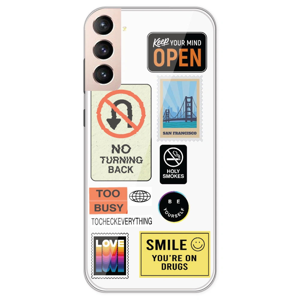 Retro Labels - Clear Printed Silicone Case For Samsung Galaxy S21 Plus