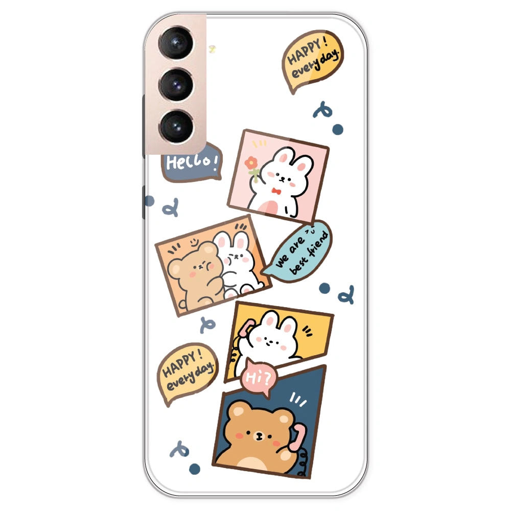 Happy Rabit And Bear - Clear Printed Silicone Case For Samsung Galaxy S21 Plus