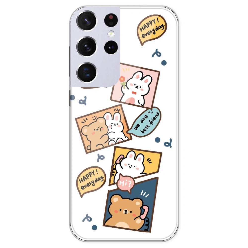 Happy Rabit And Bear - Clear Printed Silicone Case For Samsung Galaxy S21 Ultra