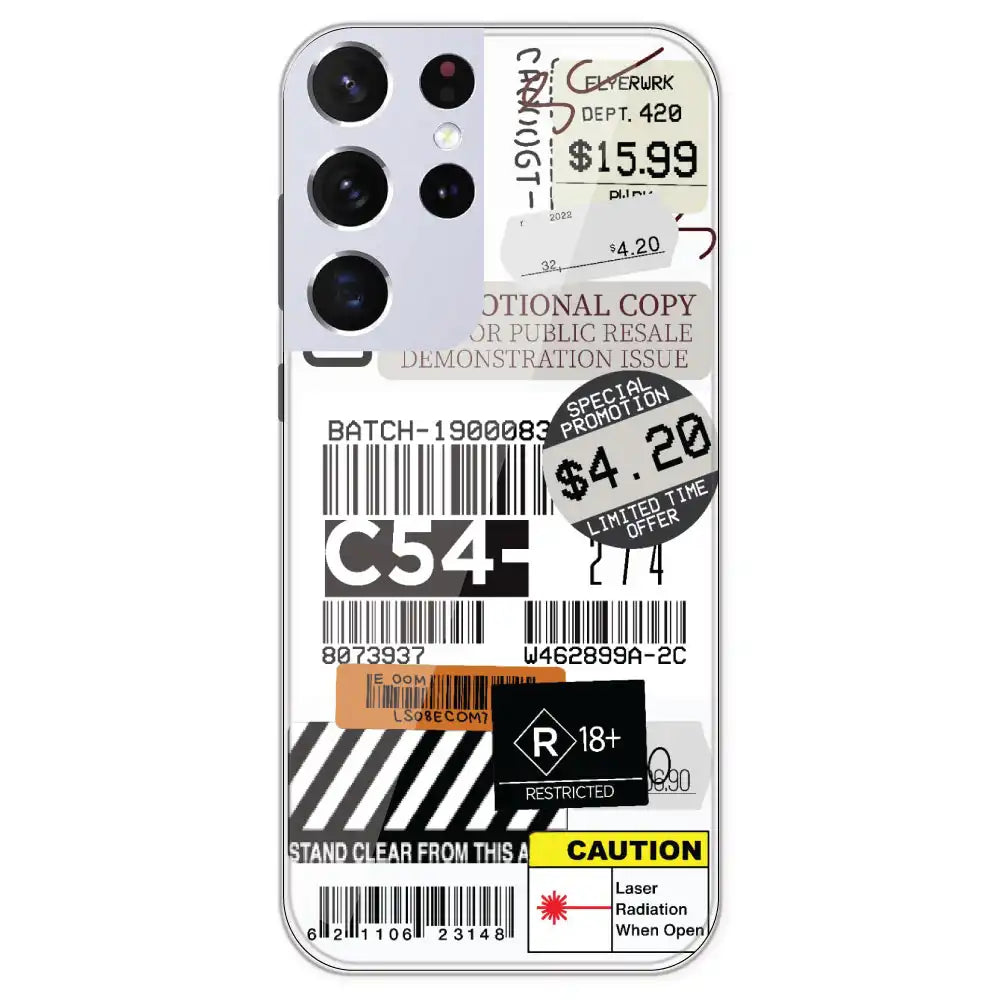 Labels - Clear Printed Silicone Case For Samsung Galaxy S21 Ultra