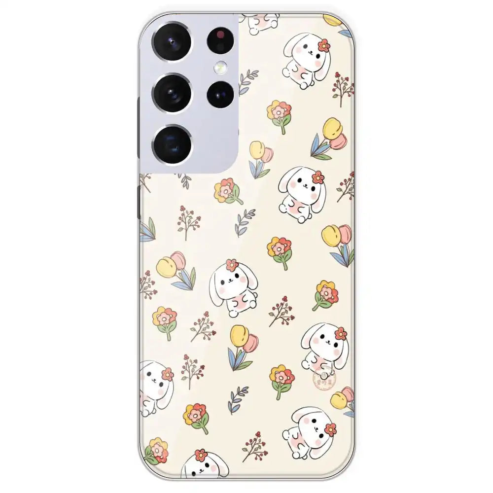 Cute Bunny And Flowers - Printed Silicone Case For Samsung Galaxy S21 Ultra
