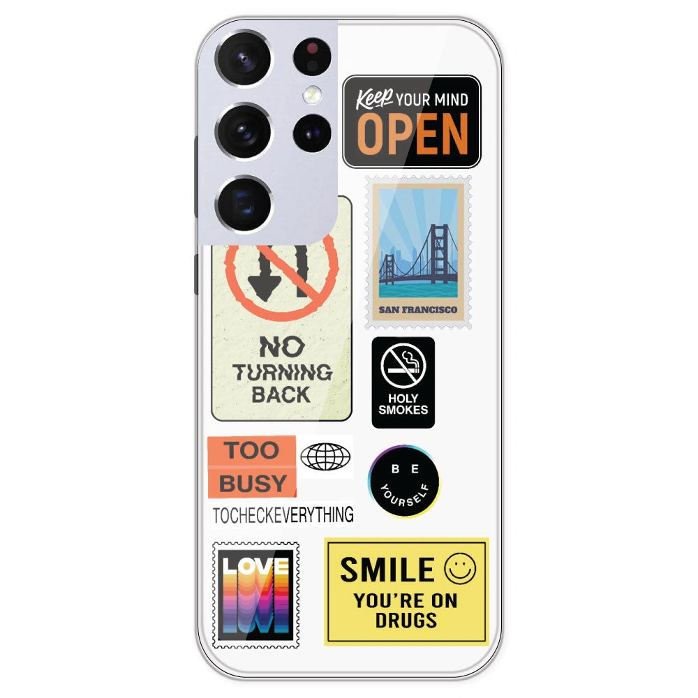 Retro Labels - Clear Printed Silicone Case For Samsung Galaxy S21 Ultra
