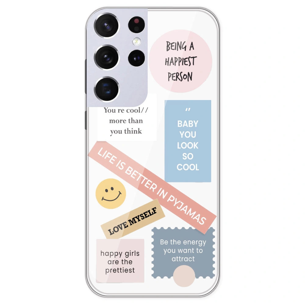 Be Happy - Clear Printed Silicone Case For Samsung Galaxy S21 Ultra