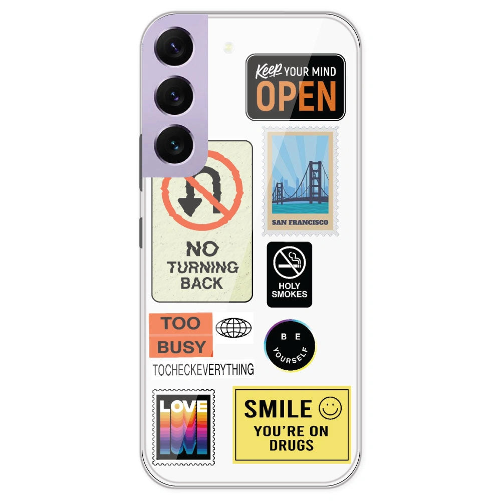 Retro Labels - Clear Printed Silicone Case For Samsung Galaxy S22 Plus