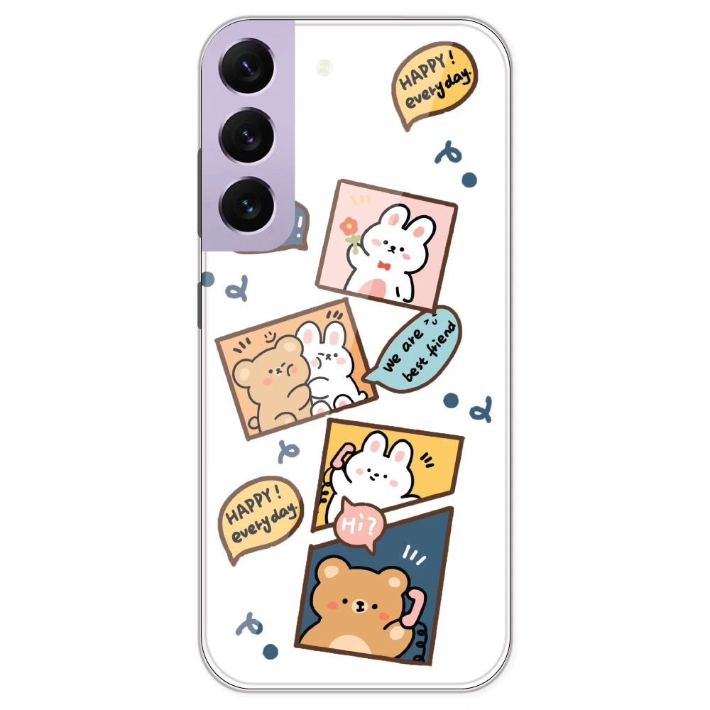 Happy Rabit And Bear - Clear Printed Silicone Case For Samsung Galaxy S22 Plus