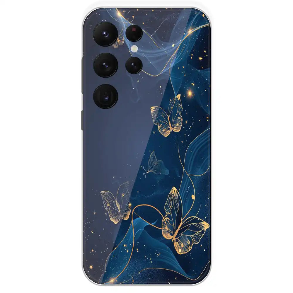 Blue With Gold Butterflies - Printed Silicone Case For Samsung Galaxy S22 Ultra