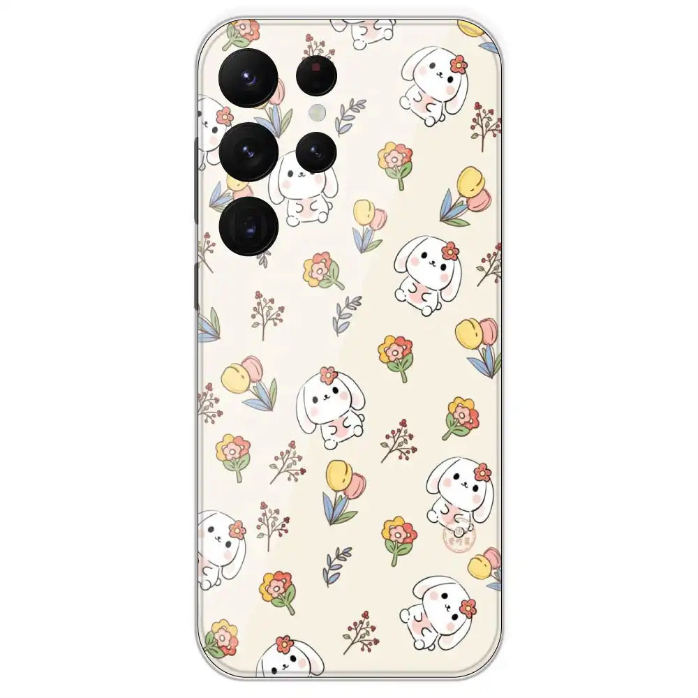 Cute Bunny And Flowers - Printed Silicone Case For Samsung Galaxy S22 Ultra