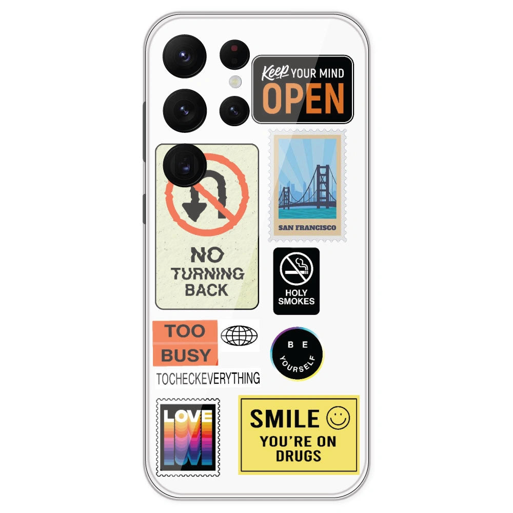 Retro Labels - Clear Printed Silicone Case For Samsung Galaxy S22 Ultra