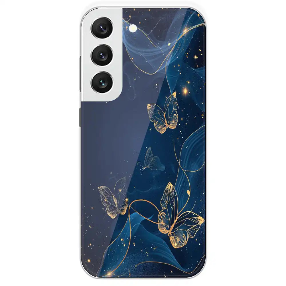 Blue With Gold Butterflies - Printed Silicone Case For Samsung Galaxy S22