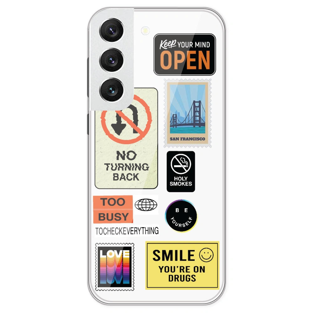 Retro Labels - Clear Printed Silicone Case For Samsung Galaxy S22