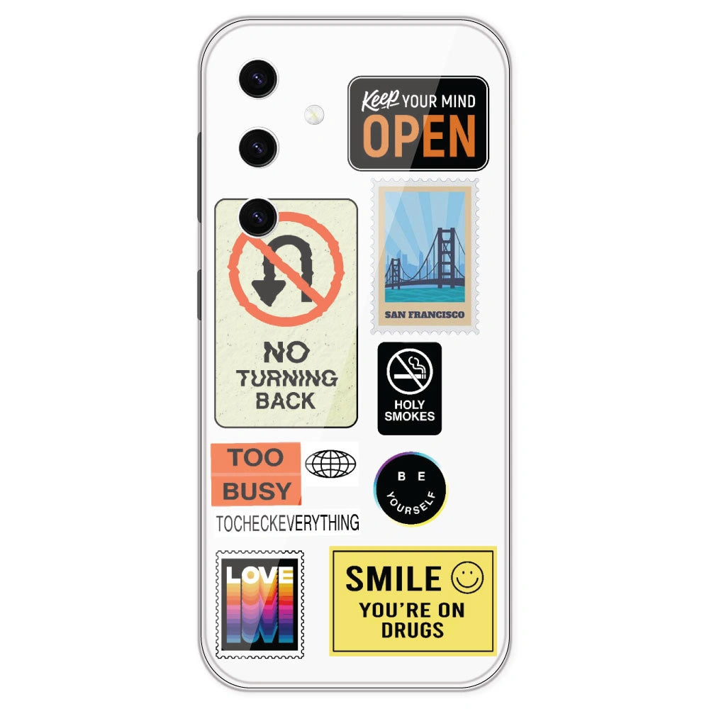 Retro Labels - Clear Printed Silicone Case For Samsung Galaxy S23 Plus