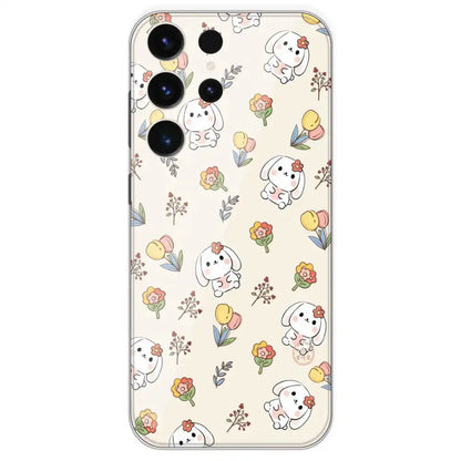 Cute Bunny And Flowers - Printed Silicone Case For Samsung Galaxy S23 Ultra