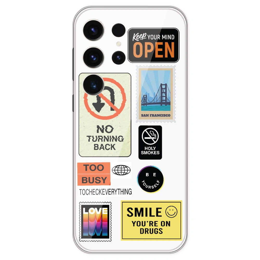Retro Labels - Clear Printed Silicone Case For Samsung Galaxy S23 Ultra
