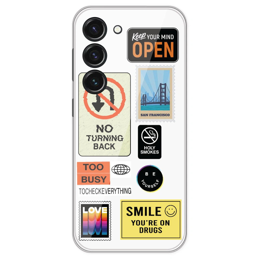 Retro Labels - Clear Printed Silicone Case For Samsung Galaxy S23