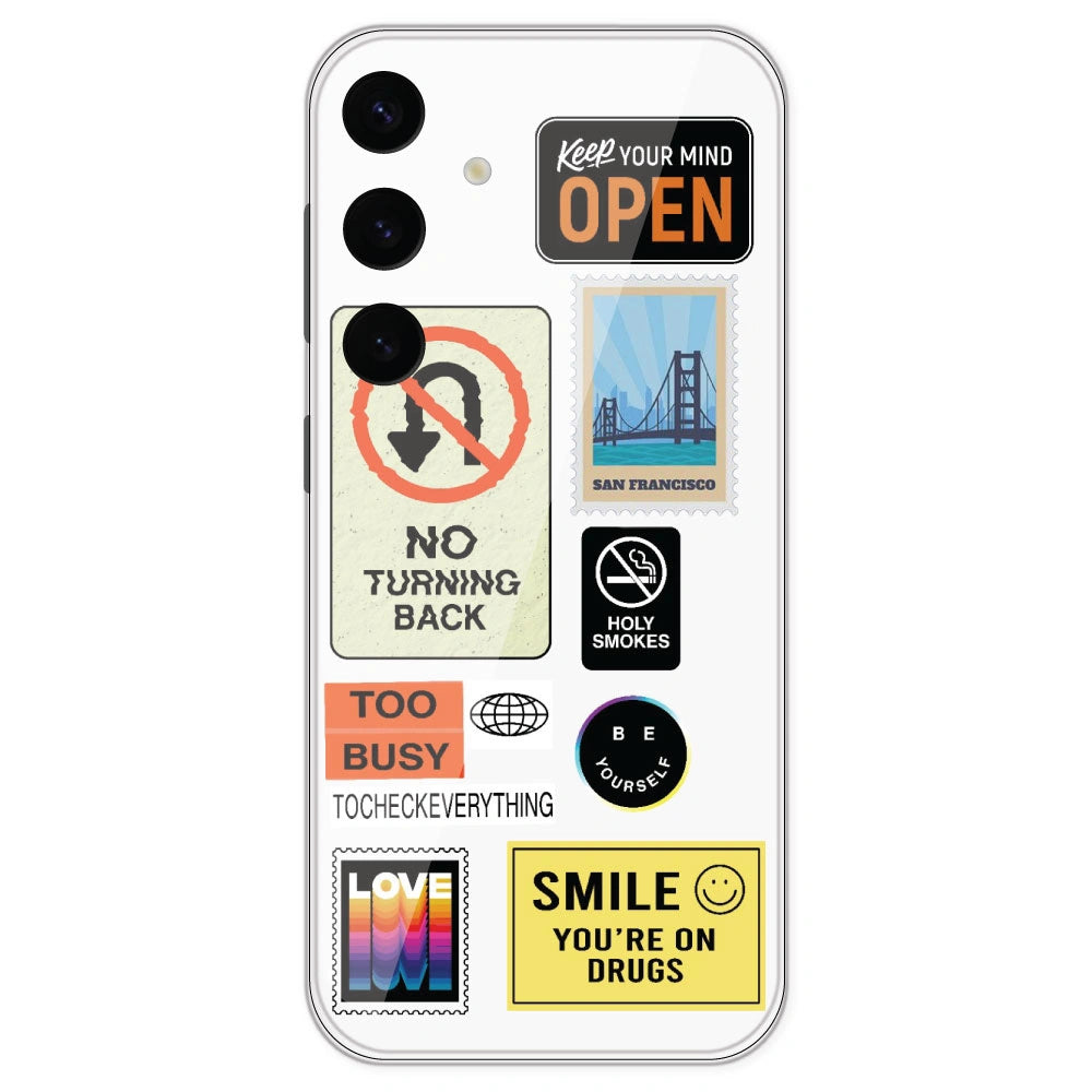 Retro Labels - Clear Printed Silicone Case For Samsung Galaxy S24 Plus