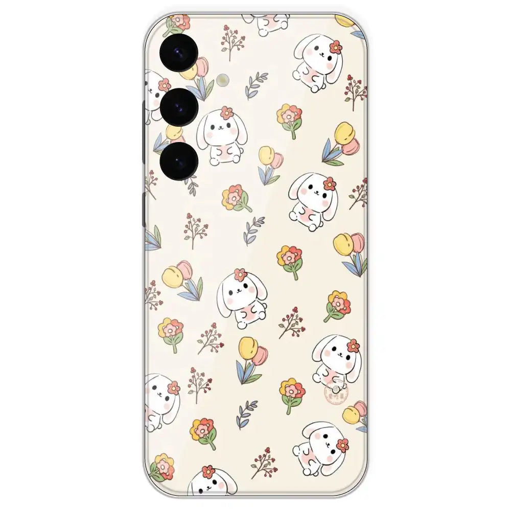 Cute Bunny And Flowers - Printed Silicone Case For Samsung Galaxy S24 Plus