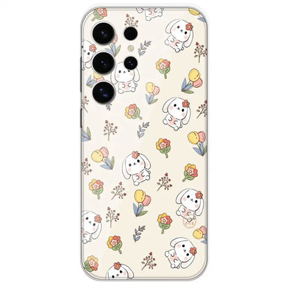 Cute Bunny And Flowers - Printed Silicone Case For Samsung Galaxy S24 Ultra