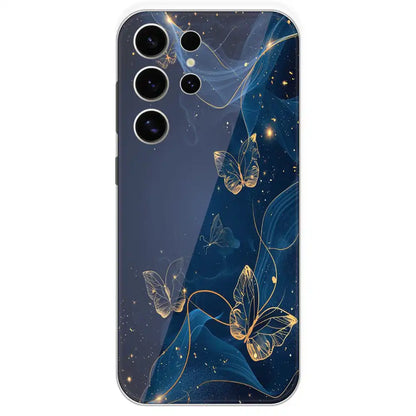 Blue With Gold Butterflies - Printed Silicone Case For Samsung Galaxy S24 Ultra