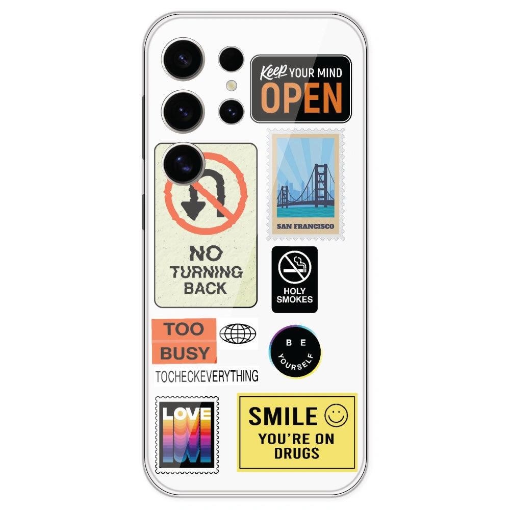 Retro Labels - Clear Printed Silicone Case For Samsung Galaxy S24 Ultra