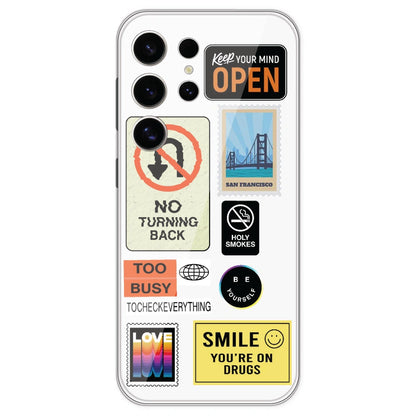 Retro Labels - Clear Printed Silicone Case For Samsung Galaxy S24 Ultra