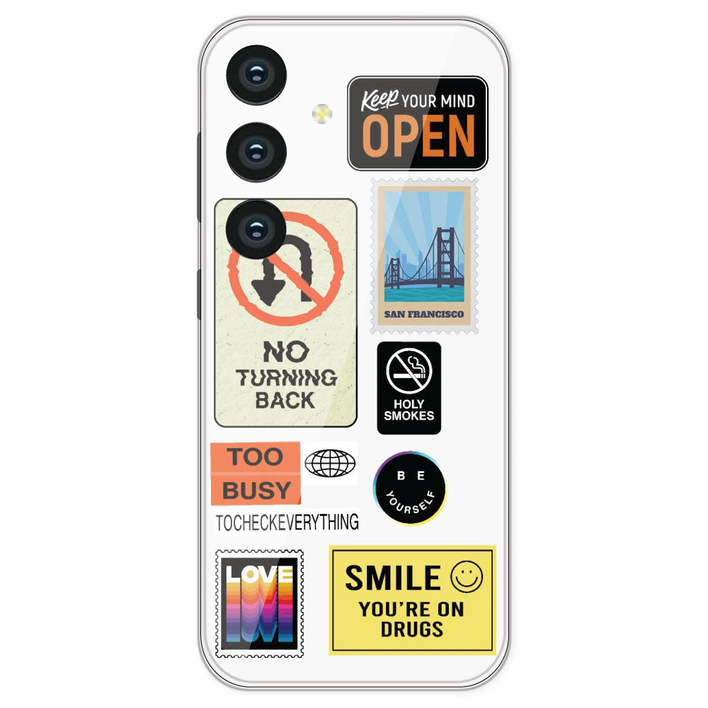 Retro Labels - Clear Printed Silicone Case For Samsung Galaxy S24