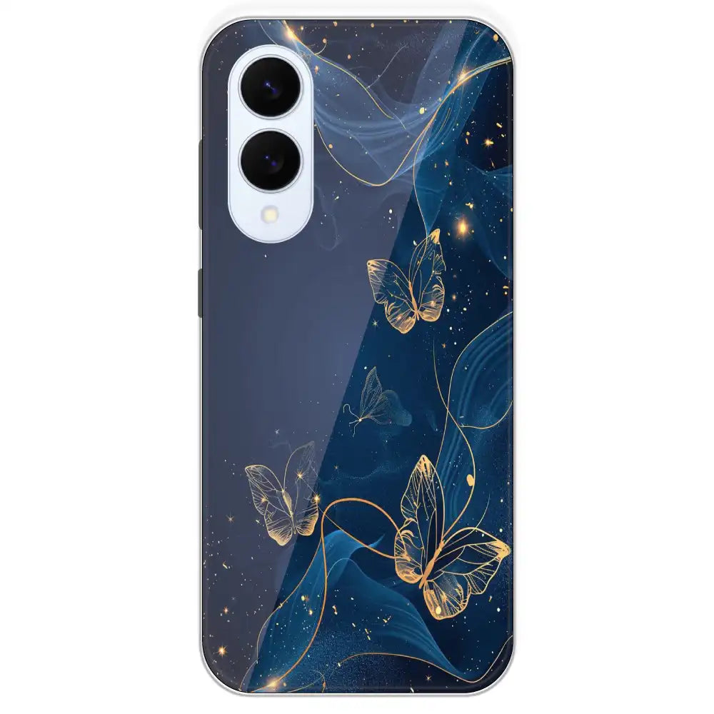 Blue With Gold Butterflies - Printed Silicone Case For Samsung Galaxy S25 Edge