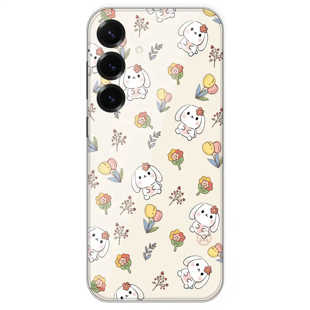 Cute Bunny And Flowers - Printed Silicone Case For Samsung Galaxy S25 Plus