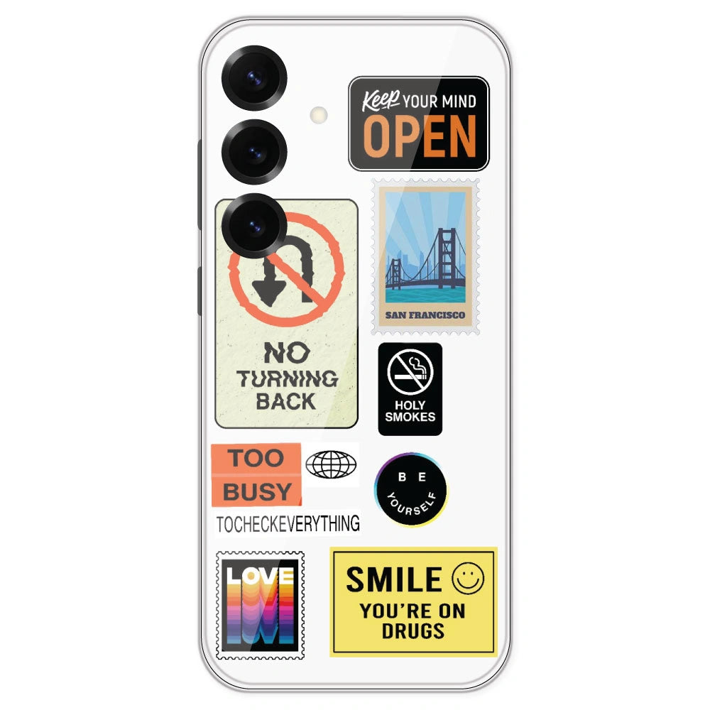 Retro Labels - Clear Printed Silicone Case For Samsung Galaxy S25 Plus
