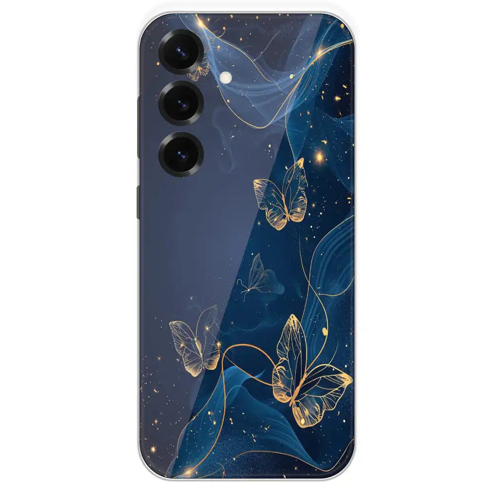 Blue With Gold Butterflies - Printed Silicone Case For Samsung Galaxy S25 Plus