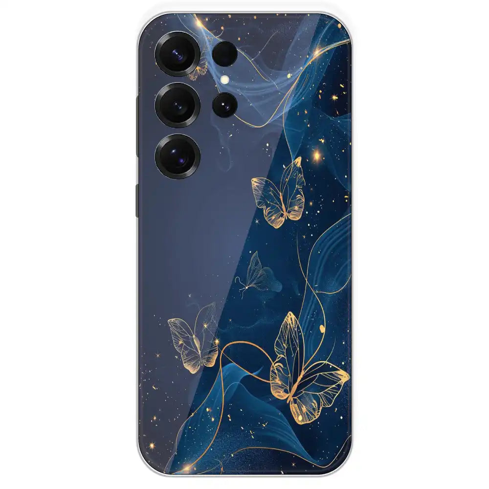 Blue With Gold Butterflies - Printed Silicone Case For Samsung Galaxy S25 Ultra