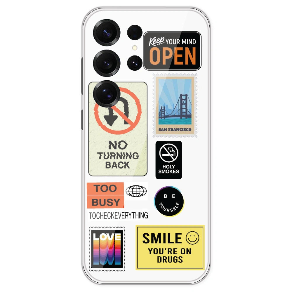 Retro Labels - Clear Printed Silicone Case For Samsung Galaxy S25 Ultra