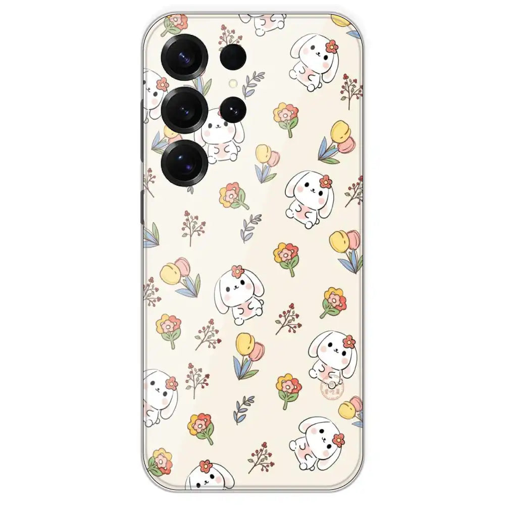Cute Bunny And Flowers - Printed Silicone Case For Samsung Galaxy S25 Ultra