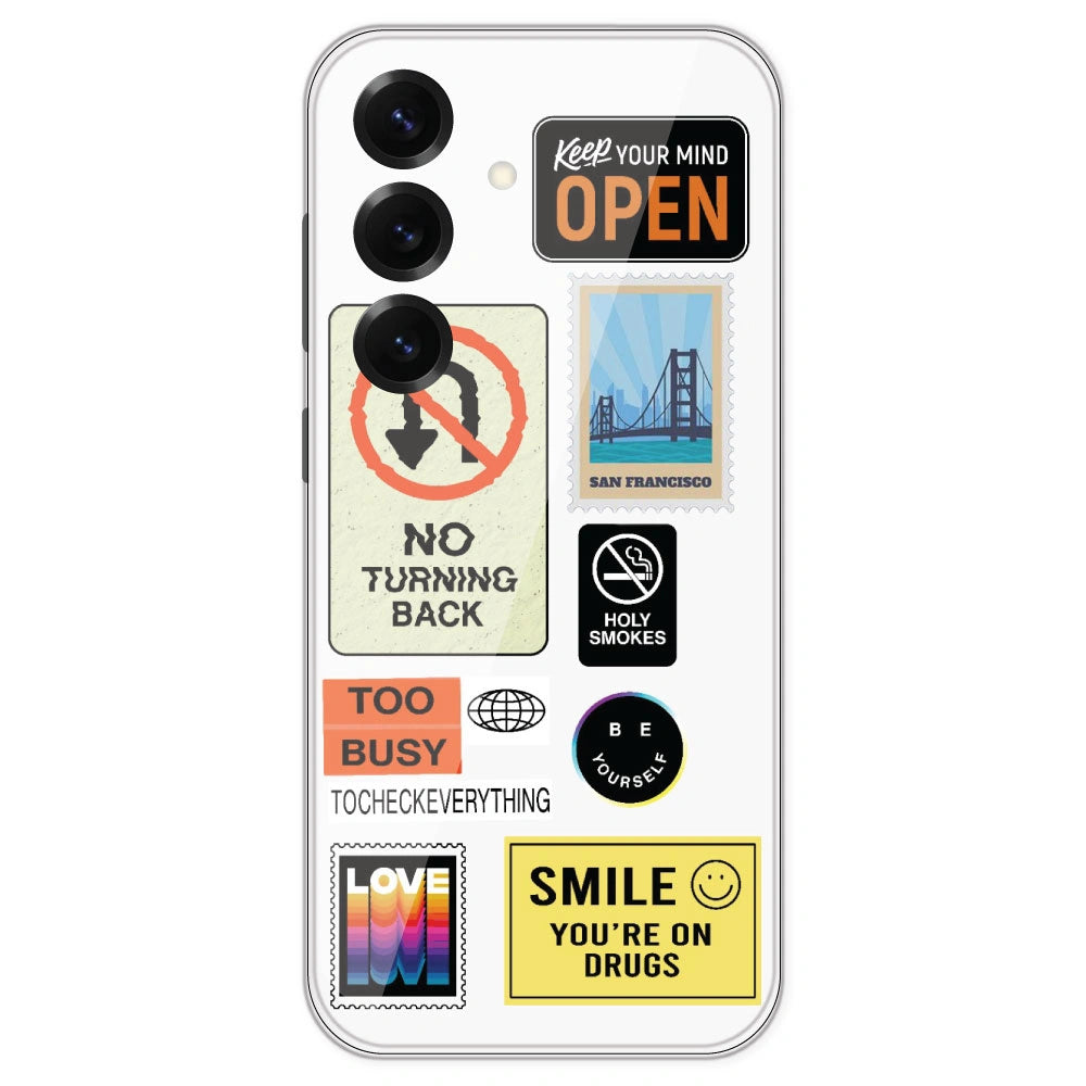 Retro Labels - Clear Printed Silicone Case For Samsung Galaxy S25