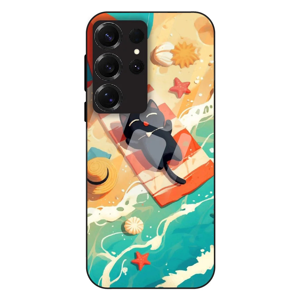 Beach Cat Aesthetic - Glass Case For Samsung Galaxy S25 Ultra