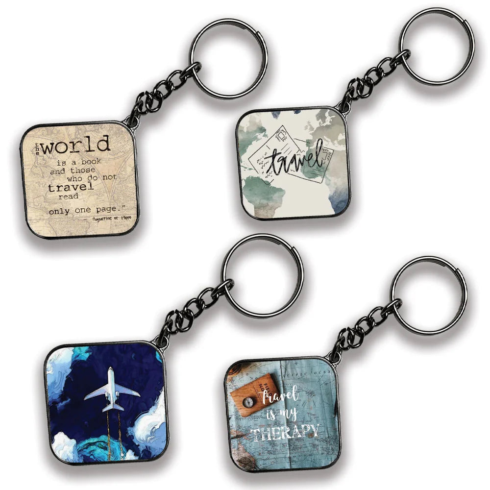Travel - A Combo Of 4 Silver Border Keychains
