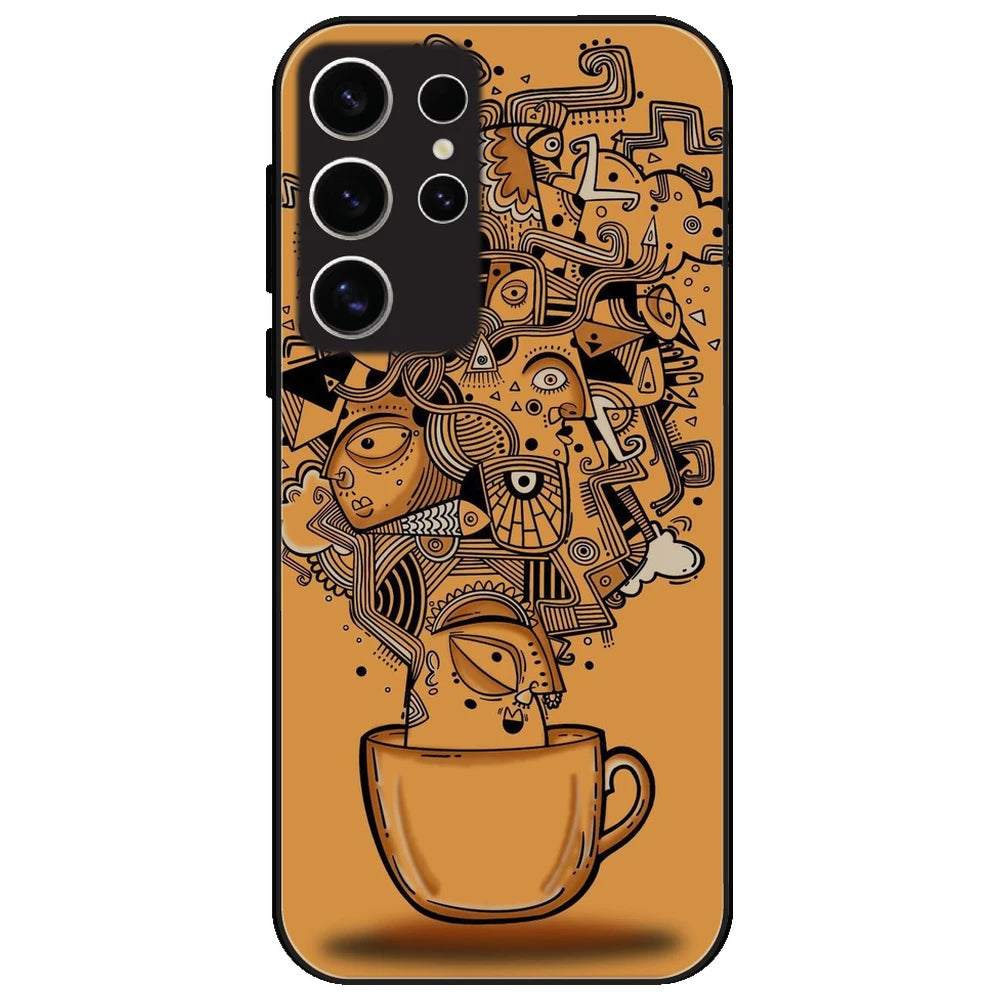 Abstract Coffee Doodle - Glossy Metal Silicone Case for Samsung Galaxy S24 Ultra