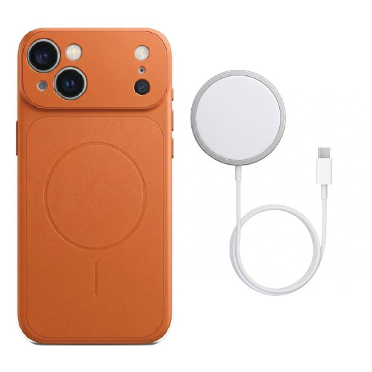 Orange AG Glass MagSafe case with MagSafe charger