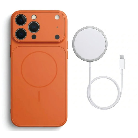 Orange AG Glass MagSafe case with MagSafe charger
