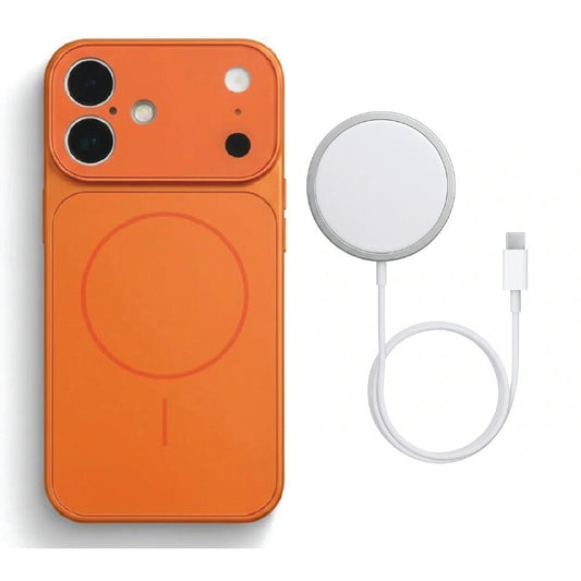 Orange AG Glass MagSafe case with MagSafe charger