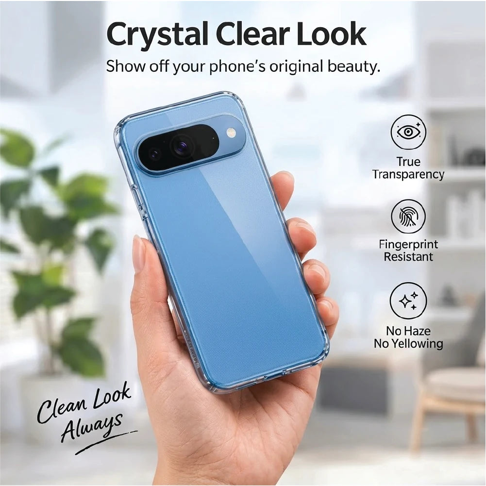 Google Pixel 10 in clear case held in hand – true transparency, fingerprint resistant, no yellowing